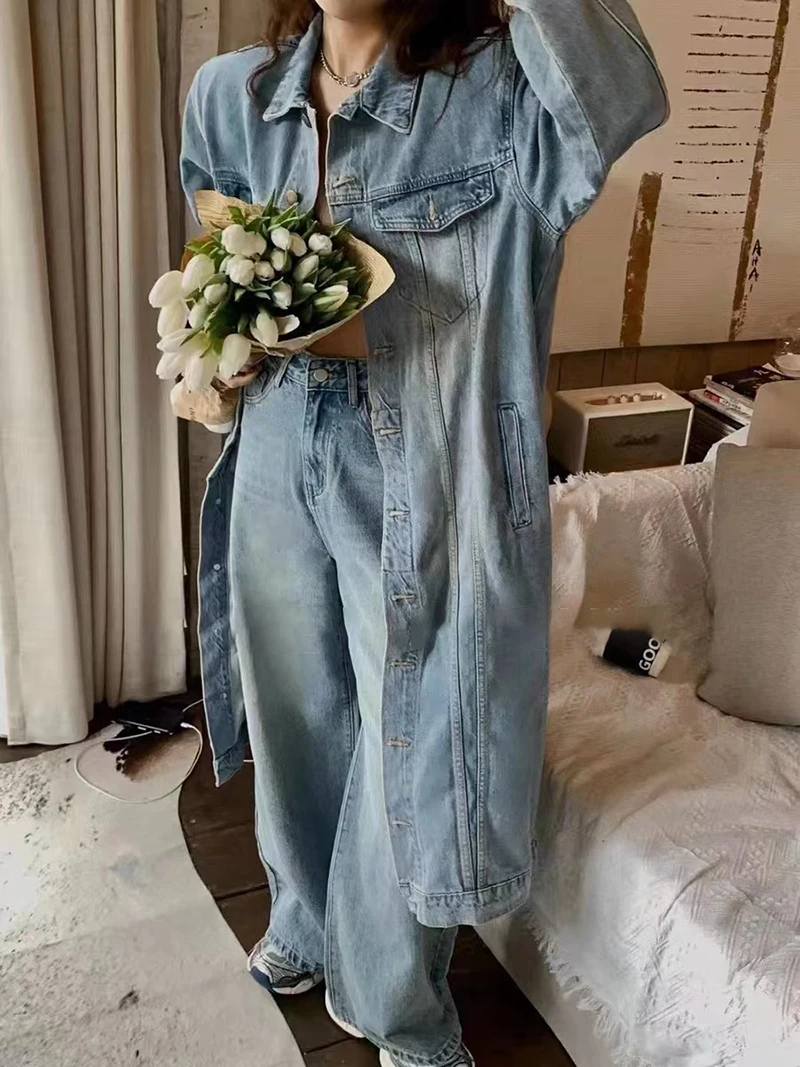 

2023 Fashion Loose Knee Over Single breasted Long Washable Denim Trench Coat for Women