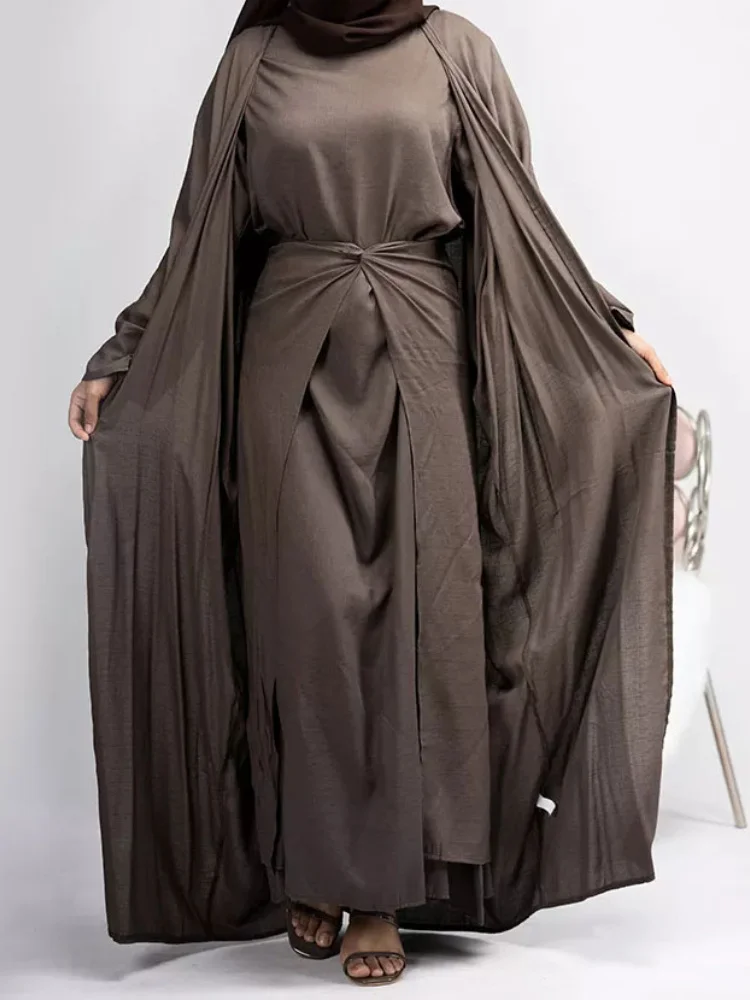 

Комплект из 3 предметов, абайя, кимоно, мусульманские льняные Абайи для женщин, Дубай, Турция, модная Рамадана, кардиган + платье + юбка с запахом, мусульманская одежда