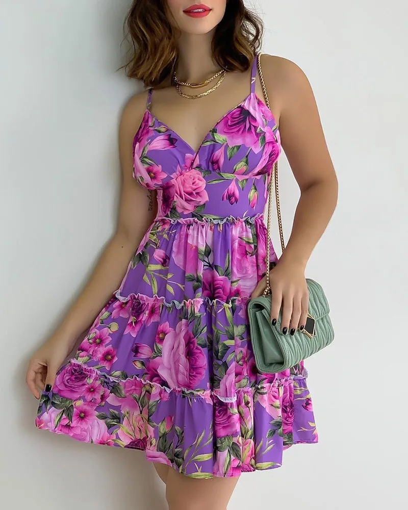 

Summer Dress Women Sexy Deep V Neck Sleeveless Floral Print Mini Sexy Vacation Dress