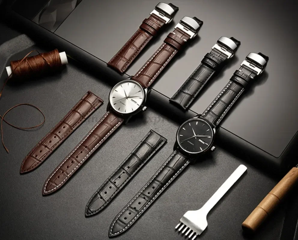 Premium Genuine Leather Watch Strap with Butterfly Buckle, Multiple Width Options