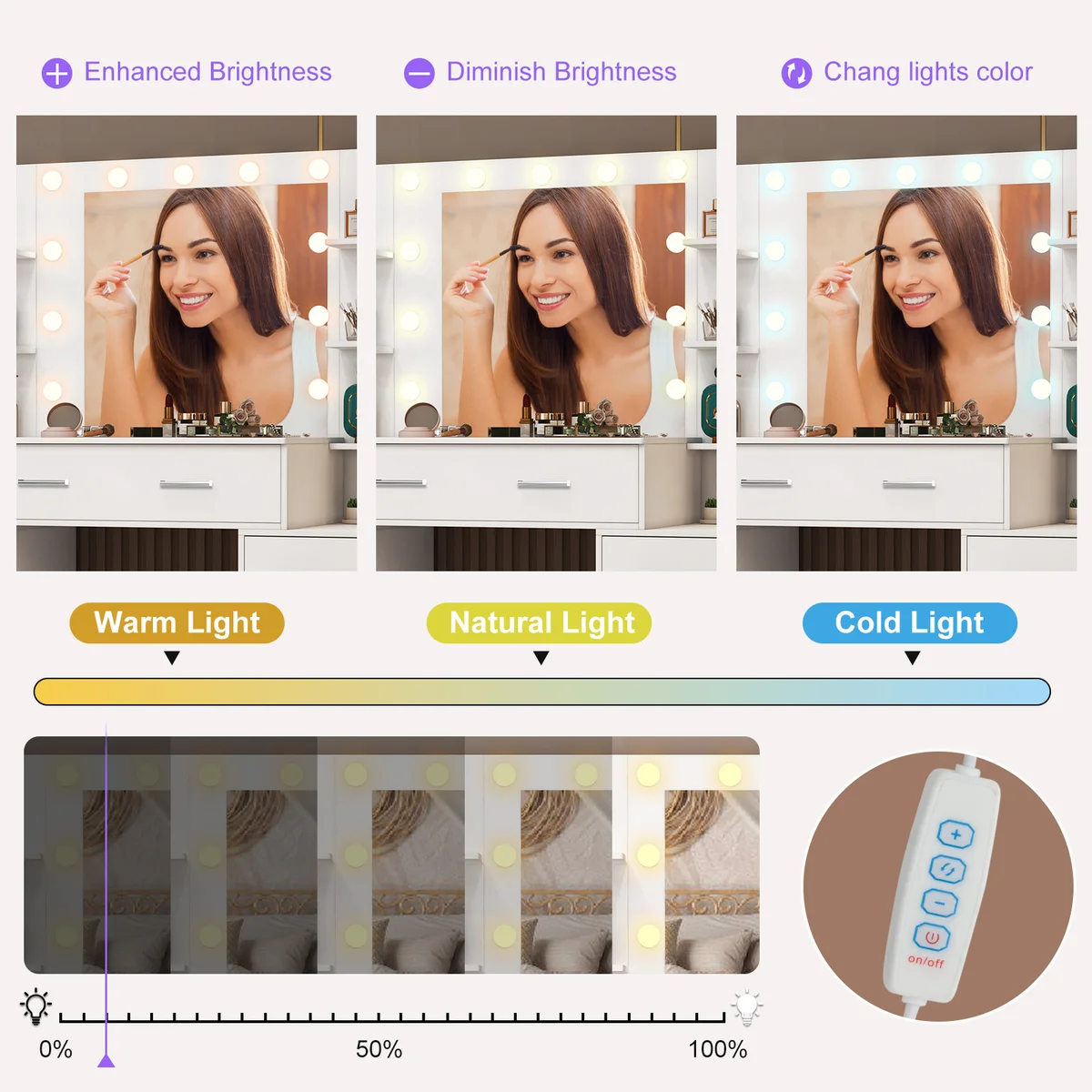 Teousev White Wood Vanity Table Set, 3 Light Modes Adjustable LED Bulbs Mirror, 3 Drawers 2 Cabinets Bedroom Dresser — view 4