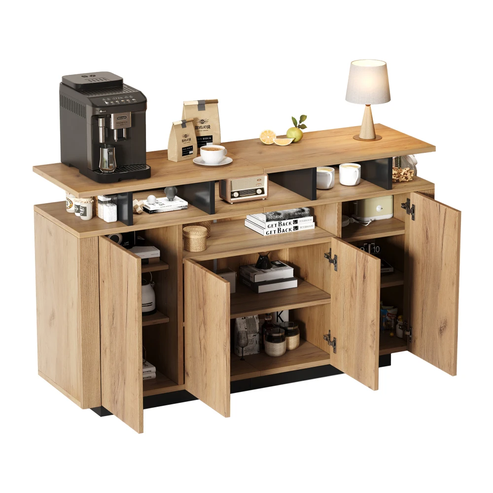 Natürliches Holz-Sideboard mit 4 Türen und 3 Offenen Regalen, Aufbewahrungsorganizer für Zuhause, Büro, Wohnzimmer und Flur – Detail 22