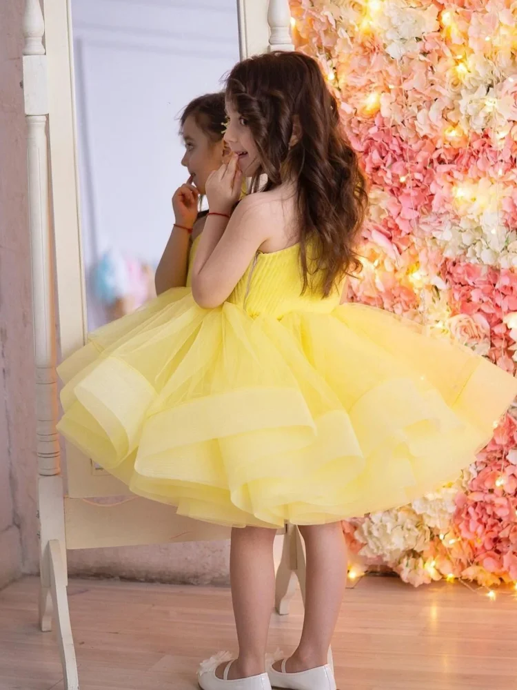 Yellow Flower Girl Dresses Tulle Puffy Tiered Single Shoulder For Wedding Birthday Party First Communion Gowns