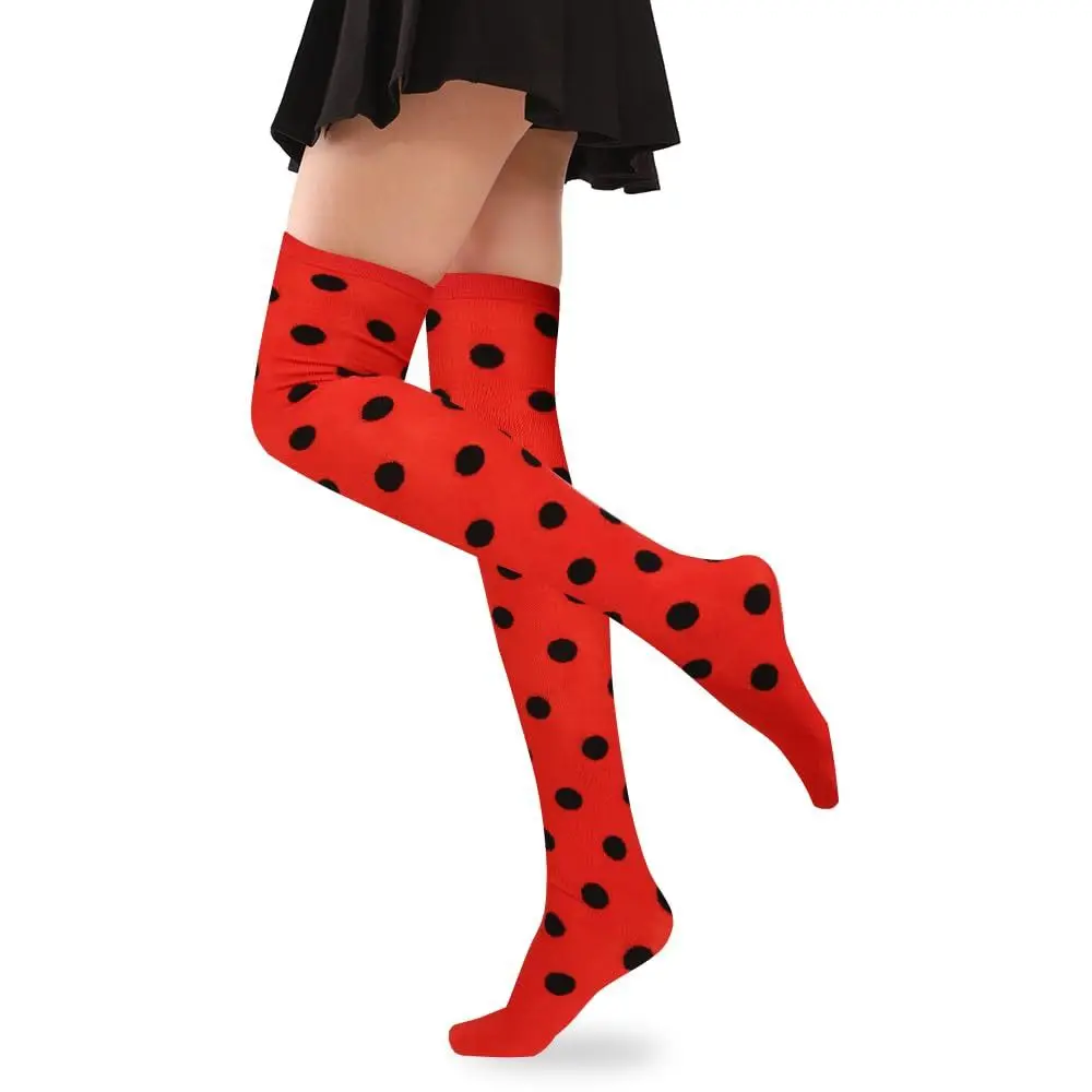Vintage-Inspired Red and Black Polka Dot Thigh High Stockings