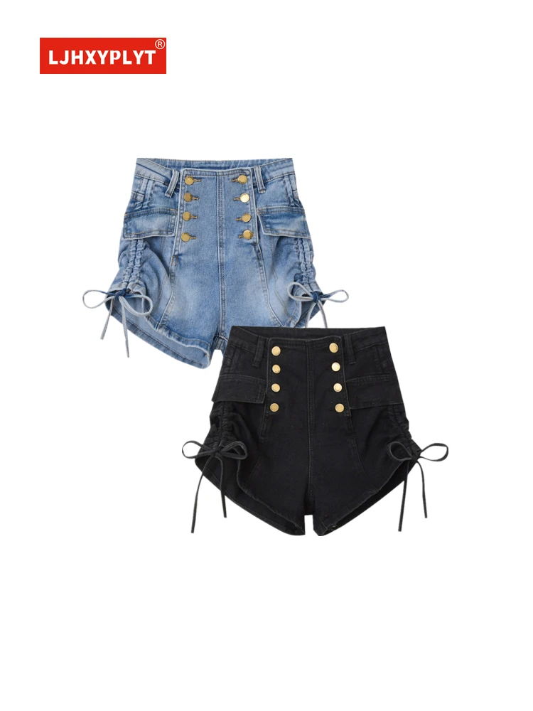 Pantalones cortos mezclilla negros con cordón doble botonadura para mujer, nuevo diseño, Sexy, Delgado, de cintura Vaqueros azules| | - AliExpress