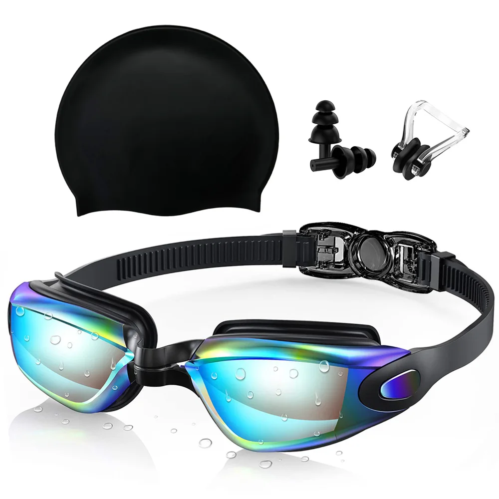 Swimming Goggles and Silicone Swim Cap sets with Nose Clip Earplugs for swimming goggles swimming cap