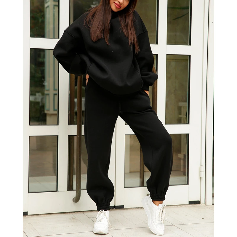 Autumn Winter Solid Color Loose Casual Hoodies Sweatpants Set Women Fashion Simple Hooded Sweatshirt Pants Suit Female Clothes