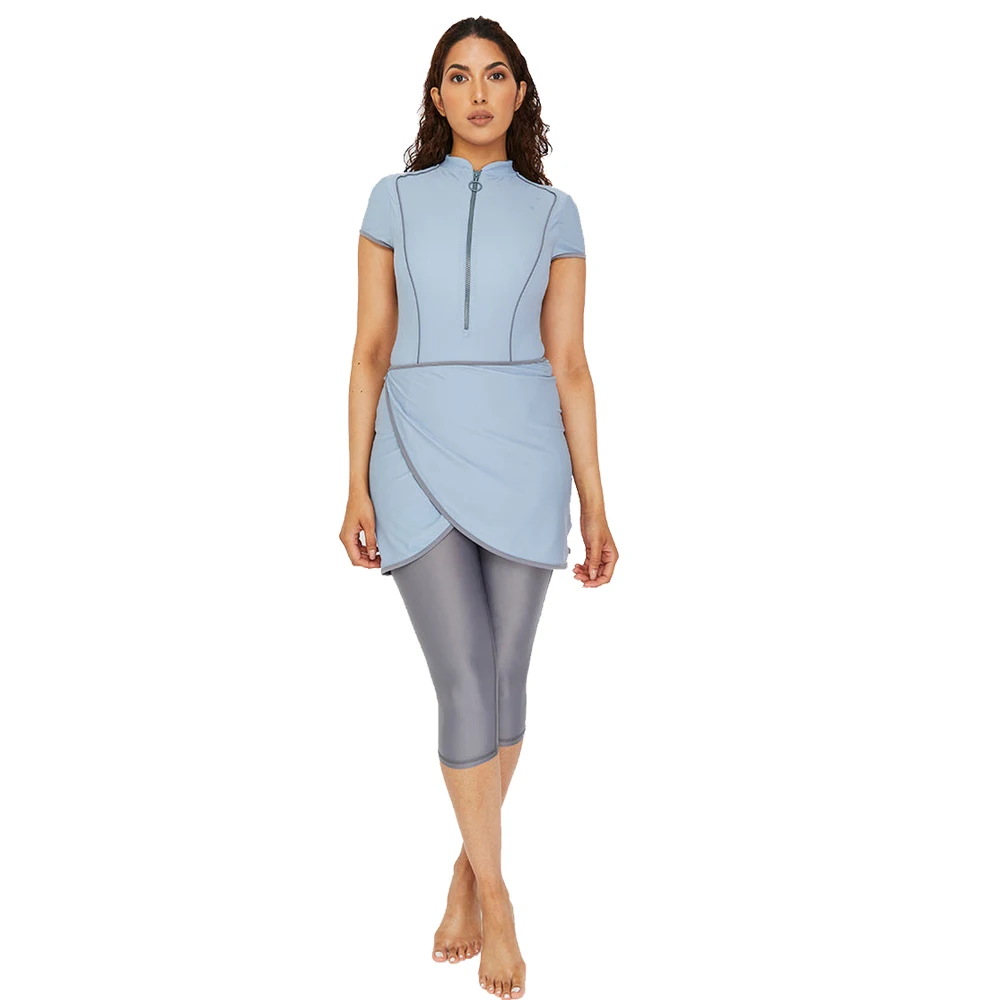 CROP Short Front Zipper Swimsuit 3Pcs/Set Fashion Print Burkini Muslim Women Seaside Surf