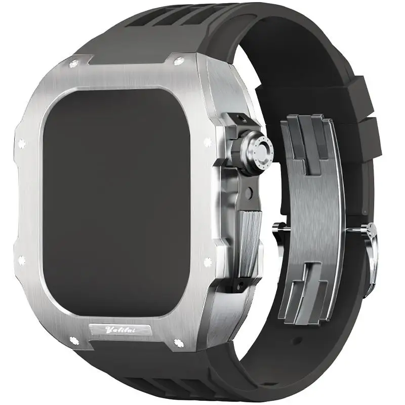 SCHIK Stainless Steel Luxury Watch Case Rubber Band,For Apple Watch Band 44mm Series 6 5 4 SE Series,For Iwatch Band 8 7 45mm