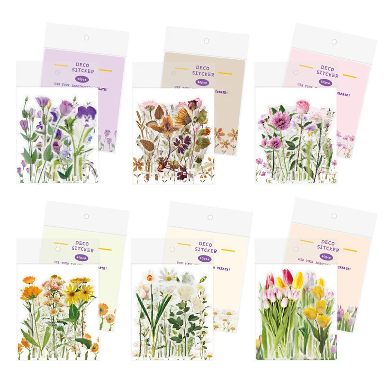 40pcs Flower Stickers Pack Waterproof Transparent PET Tulip Butterfly Stickers DIY Diary Scrapbook and Stamping Album Decorative