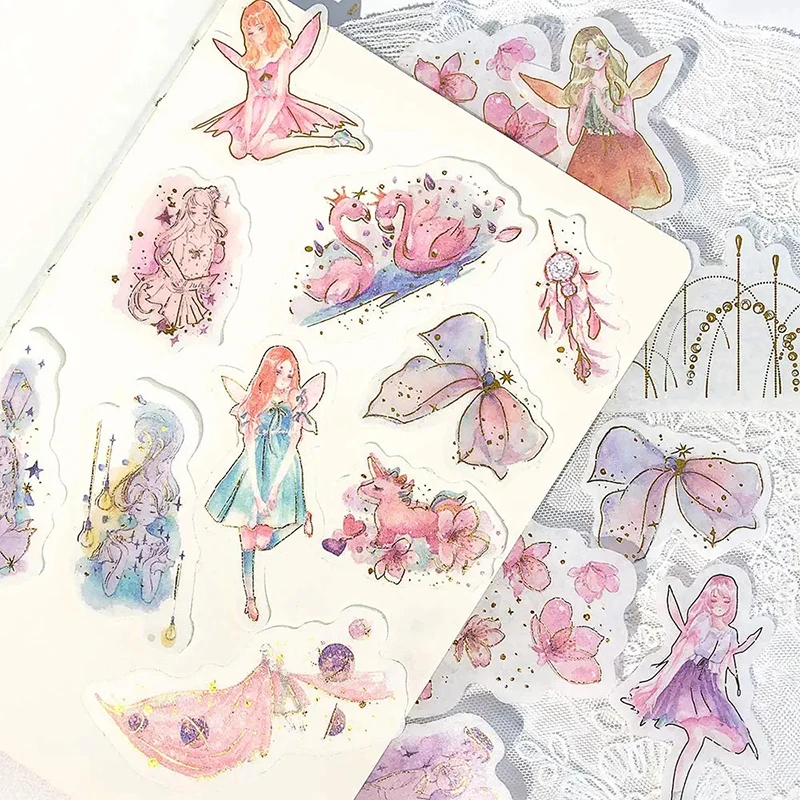 60PCS Cute Washi Paper Fairy Tale World Washi Sticker Set Kawaii Fairies Girl Cherry Flower Dream Catcher Sticker for Scrapbook