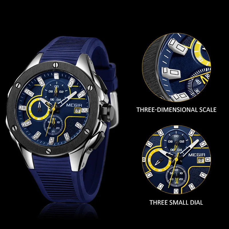 MEGIR Top Brand Men's Military Sport Chronograph Watches Waterproof Fashion Blue Silicone Strap Quartz Wristwatch Man Auto Date