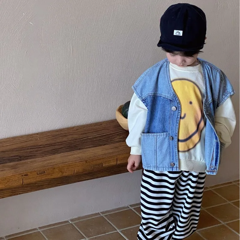 Children Denim Vest Korean Style Casual Fashion Boys and Girls Patchwork Color Casual Simple Loose Cardigan Coat for Kids