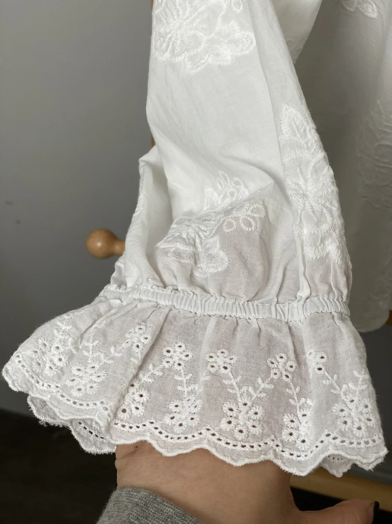 French Style Lace Up Shirt Summer New Fashion Loose-Fit Long Sleeves Single-Breasted Solid Color Embroidered Blouse Elegant Top