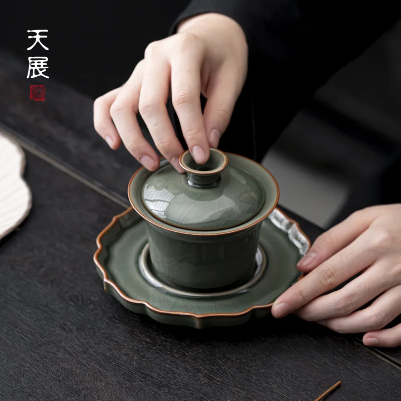 Ceramic Sancai Gaiwan Handmade Crackle Glaze Tea Cups Chinese Tea Bowl Teaware Set Cup Home Decor Gongfu Tureen