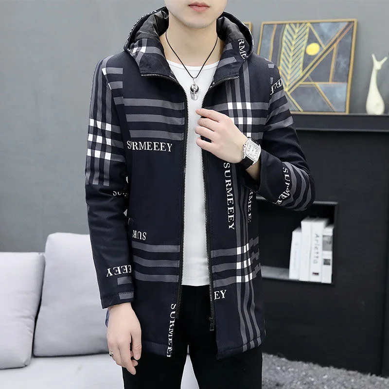 Spring and Autumn New Fashion Checkered Long Hooded Trench Coat Men's Casual Loose Comfortable Windproof Large Size Coat