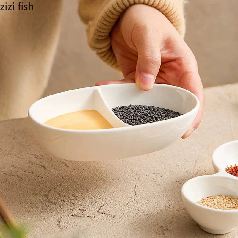 Pure White Ceramic Double Grid Plate Sauce Vinegar Seasoning Plate Appetizer Snack Plates Restaurant Creative Tableware
