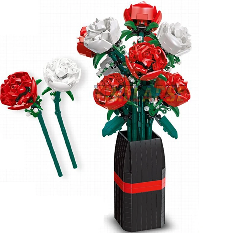 

DIY Red White Roses Vase Plants Valentine's Day Gardens Romantic Building Blocks Classic Model Bricks Kids Sets Kits Toys