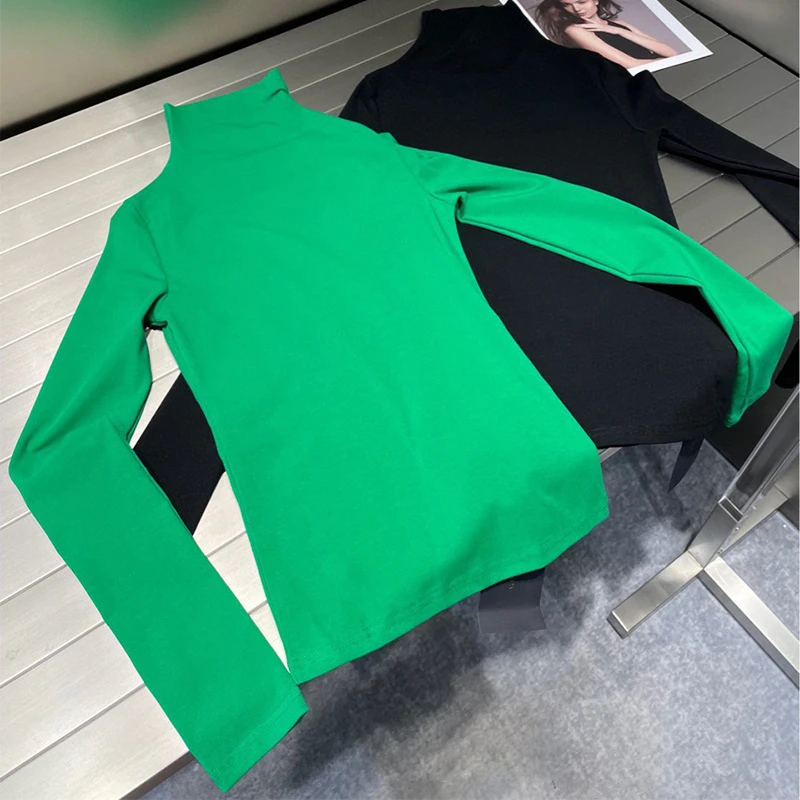 fresh hoods Turtle Neck Women Shirt Fashion BrandV High Quality Triangle LOGO Green Soild Color Slim Long Sleeve Ladies Undershirts pink hoodie