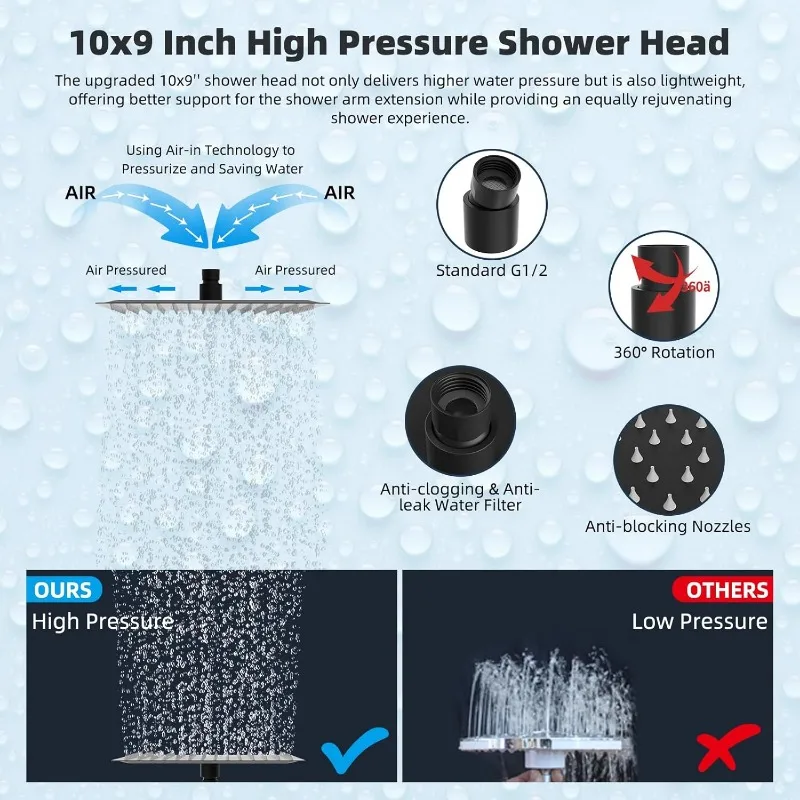 All metal 10 inch rain shower head, square shower head combination, high pressure handheld shower wand, 16 inch adjustable 5