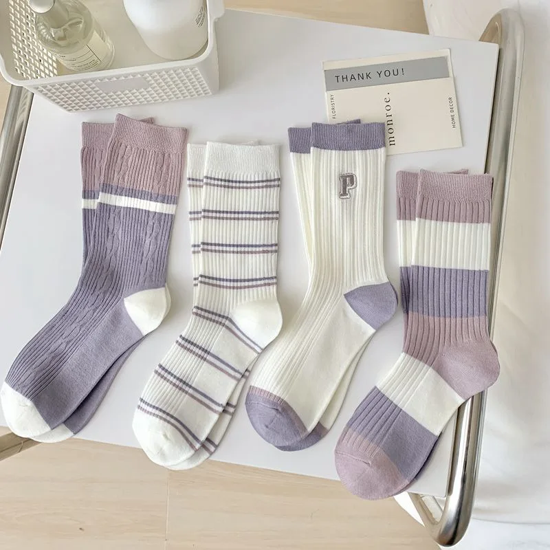 

Women Socks Spring Summer Thin Purple Striped Patchwork Soft Breathable Middle Tube Sock for Student Girls' Daily Sox