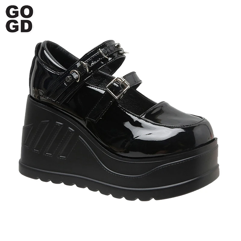 

GOGD Brand New 2023 Women's Lolita Cute Mary Jane Shoes Platform Pumps Double Strap Buckle Wedges Patent Pu Gothic Punk Style