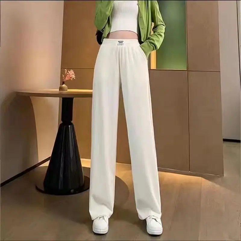 Ice Silk Wide Legged Women's Spring and Autumn Patchwork High Waist Pockets Fashion Slim Drop Straight Casual Floor Slam Pants