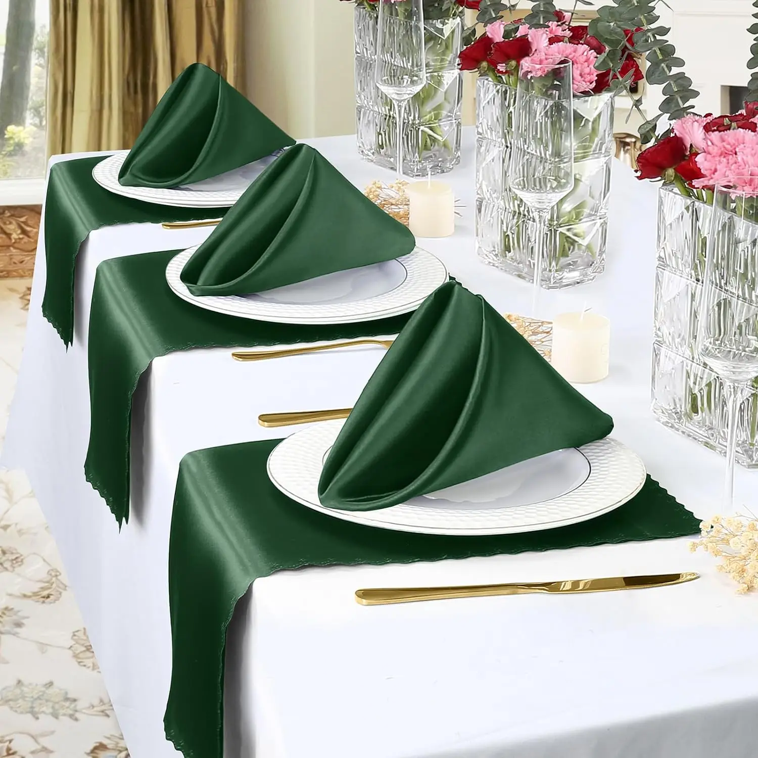 10pcs Napkins Cloth Green Satin Soft Table Napkins for Hotel Christmas Party Wedding Banquet Dinner Table Decoration