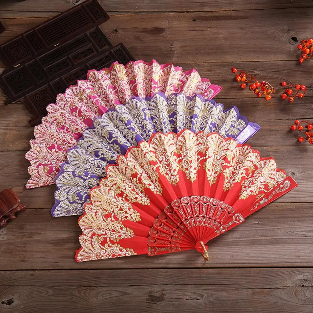 Folding Fan Gold Blocking Fan Chinese Wedding Cloth Folding Embroidered Hot Stamping Photography Props Handheld Gifts