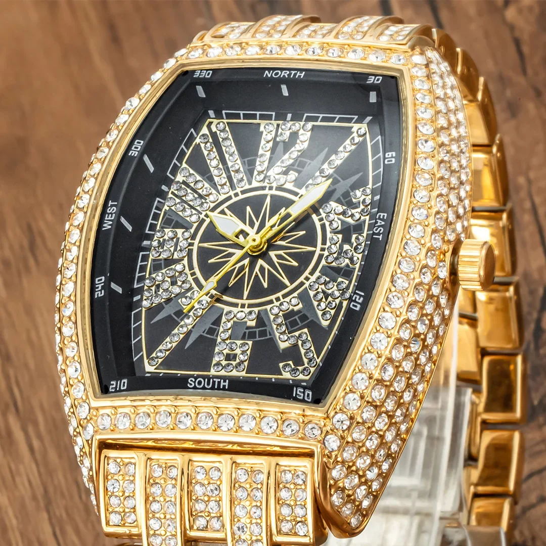 

Unique Tonneau Iced Out Watch for Men Full Bling Diamonds Mens Watches Hip Hop Quartz Wristwatch Man 18k Gold Relogios Masculino