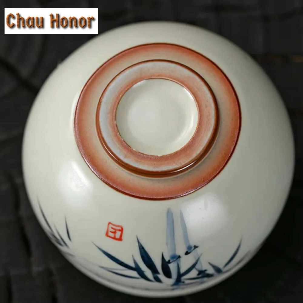 120ml Handmade Ru Kiln Porcelain Teacup  Hand Painted Bamboo Master Cup Personal Mug Can Nourishing Inlaid Silver Dragon Chazhan