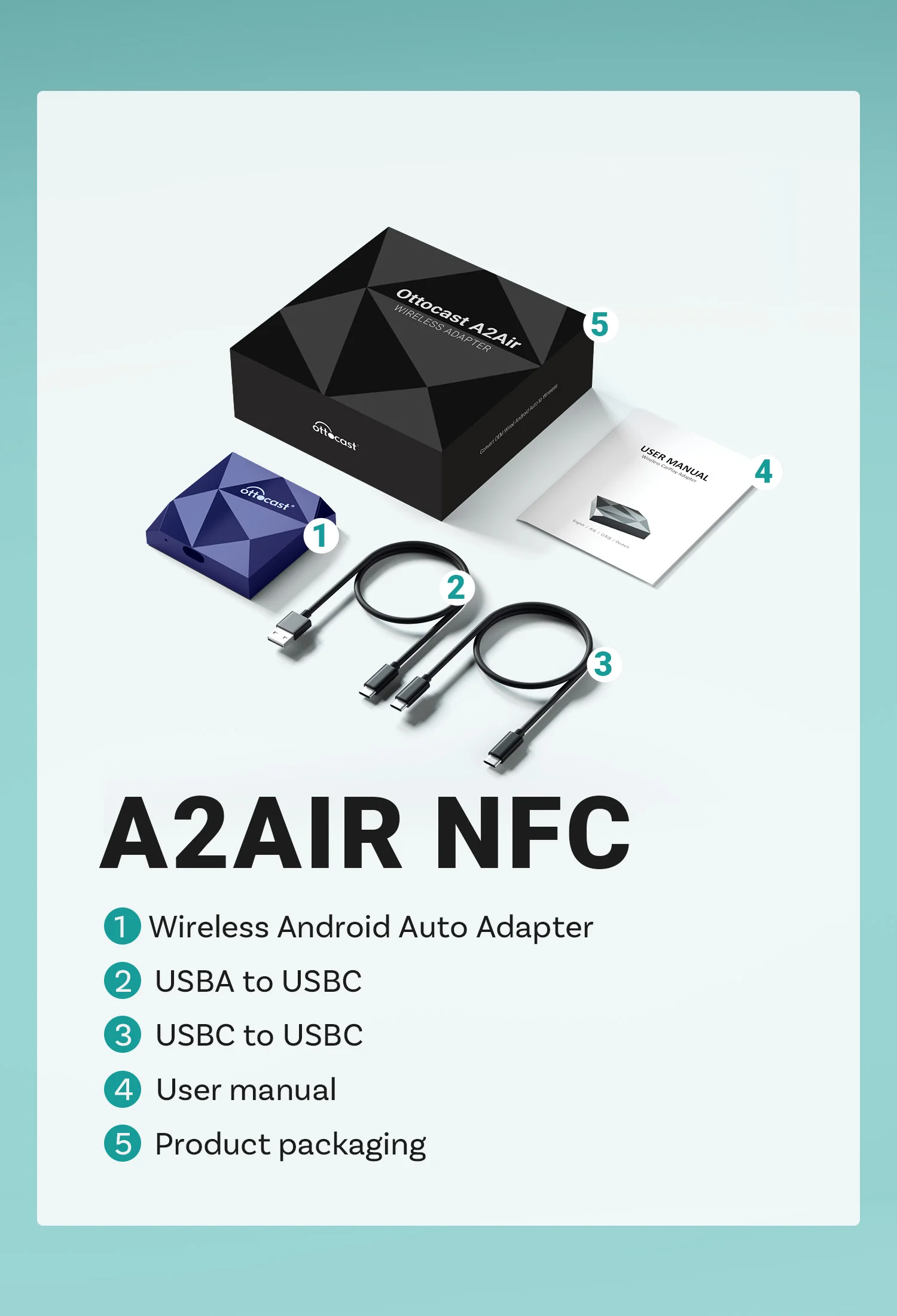A2Air Wireless Android Auto Adapter Wired to Wireless USB Dongle NFC Connection