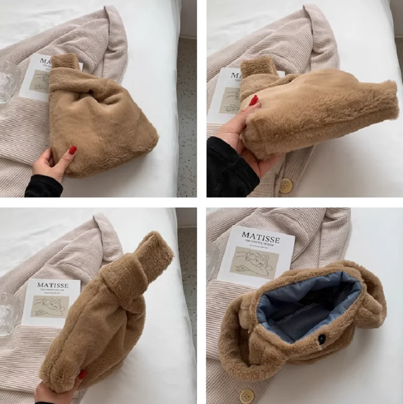 Soft Plush Ladies Wrist Purse New Warm Faux Fur Small Tote Bag Winter Fluffy Women Handbag Solid Furry Quality Designer Bag
