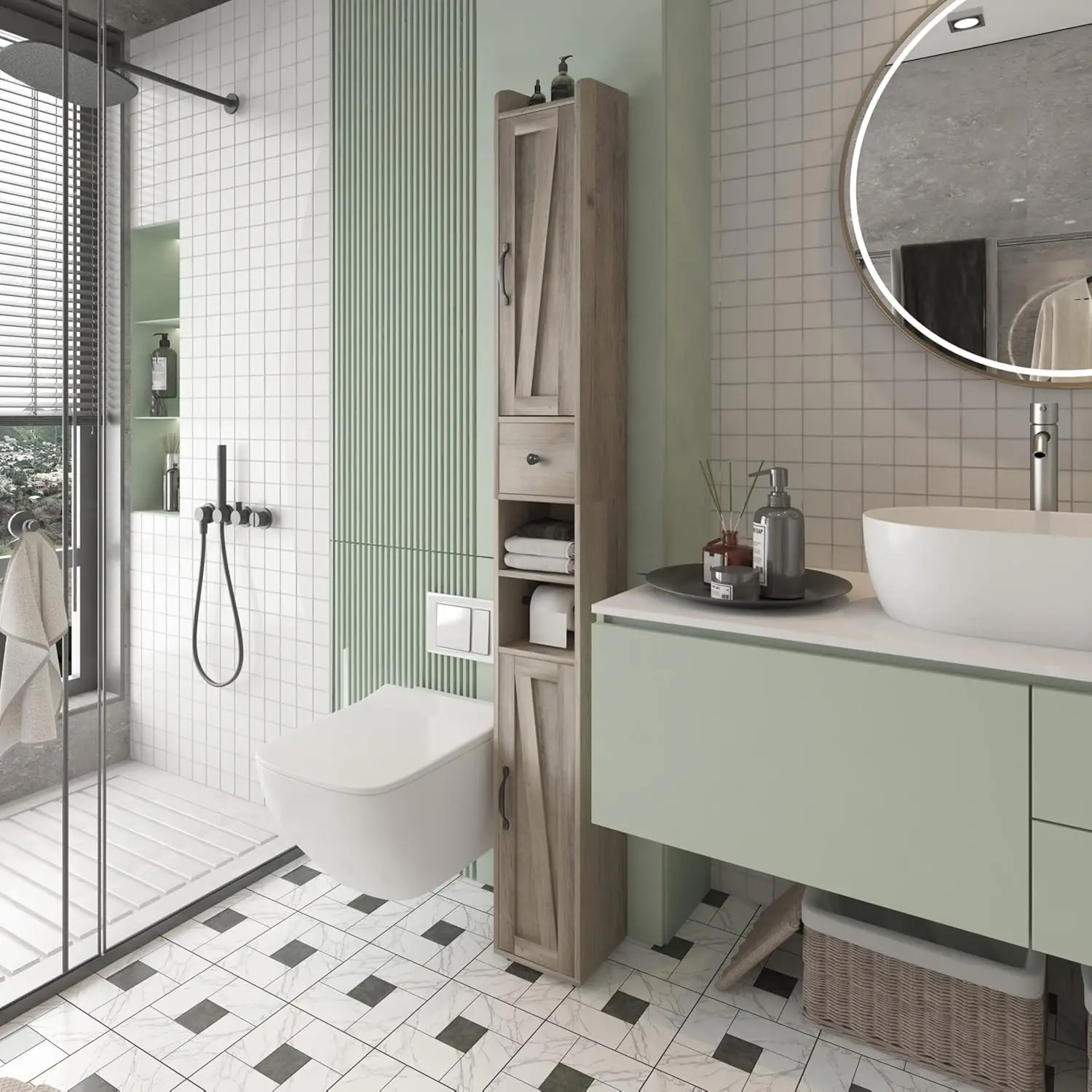 Bathroom Cabinet. Tall Narrow. Adjustable Shelf. Retractable Paper Rod. 8 Compartments. Brown Gray.