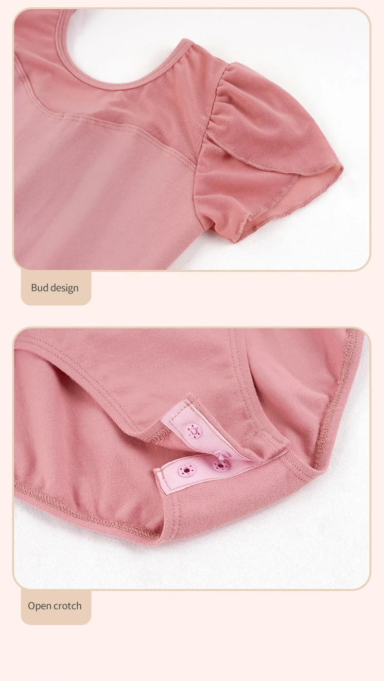 Mädchen Baumwolle zurück Bowknot Ballett Tanz Trikots Kinder Blume Knospe Ärmel Mesh Spleiß Gymnastik Bodysuit – Detail 6