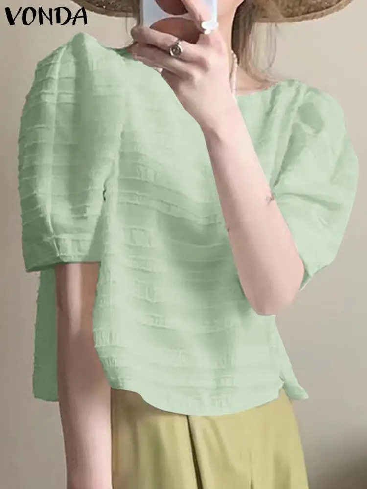 

Women Elegant Blouse Women Solid Color Tops 2023 VONDA Fashion Summer Short Sleeve Striped Shirts Loose Casual Blusas Femininas