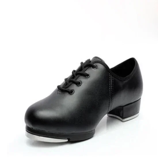 Classic Clogging Tap Shoes For Men And Women Lace Up Human Leather Middle Heel Jazz Tap Dance Shoes From Kids to Adult 26-46 2