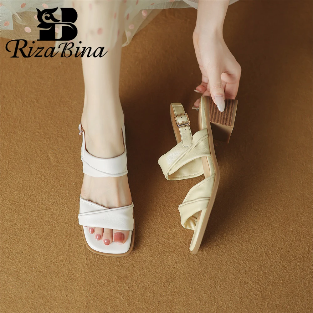 

RIZABINA New Women's Casual Sandals Real Sheepskin Chunky Heel Summer Beach Shoes Fashion Square Toe Comfort Casual Daily Shoes