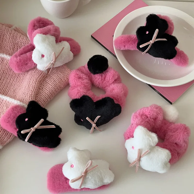 Rose Pink Plush Rabbit HairClip Cute Imitation Rabbit Clip Shark Clip BB HairClip Hair Loop Hair Accessories чокер pink rabbit с шипами и с цепочкой