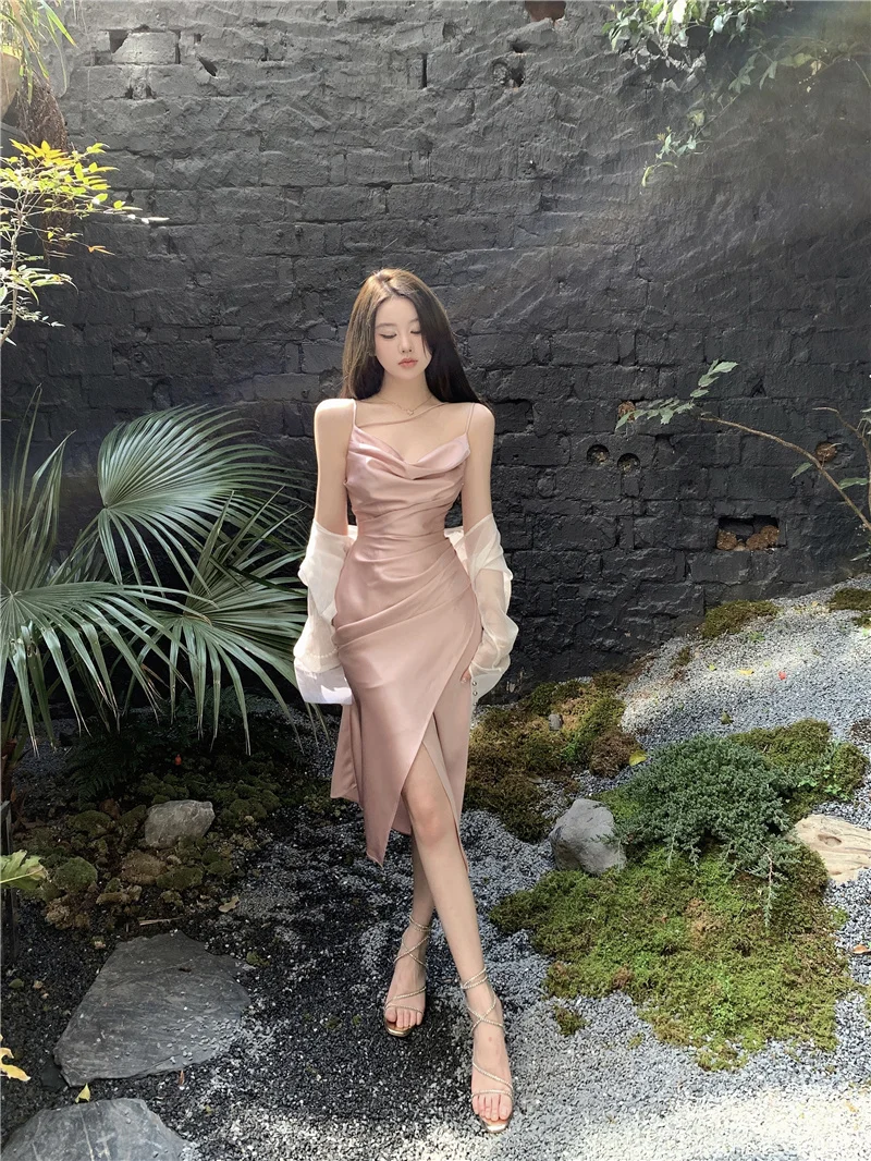 Sexy Satin Midi Dress Women New Summer Spaghetti Strap Slim Swinging Collar Split Evening Party Dresses Prom One Piece Vestido