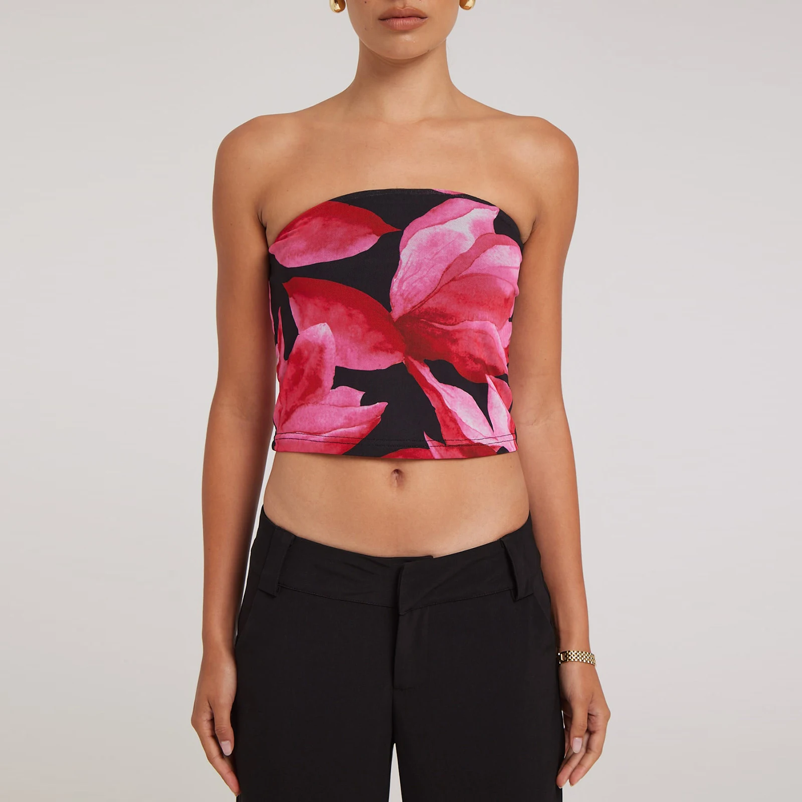 

Women Crop Tube Tops Floral Print Strapless Tops Tank Tops Summer Backless Bandeau Shirts Skinny Crop Tops