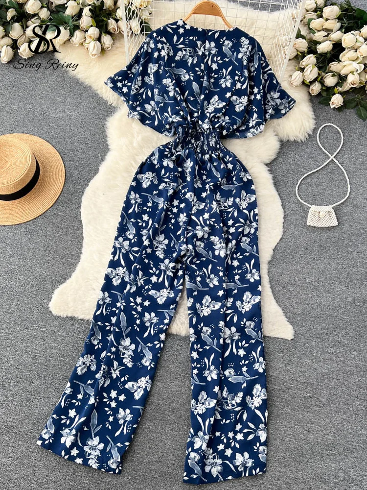Singreiny Beach Summer Floral Jumpsuits Fashion V Neck
