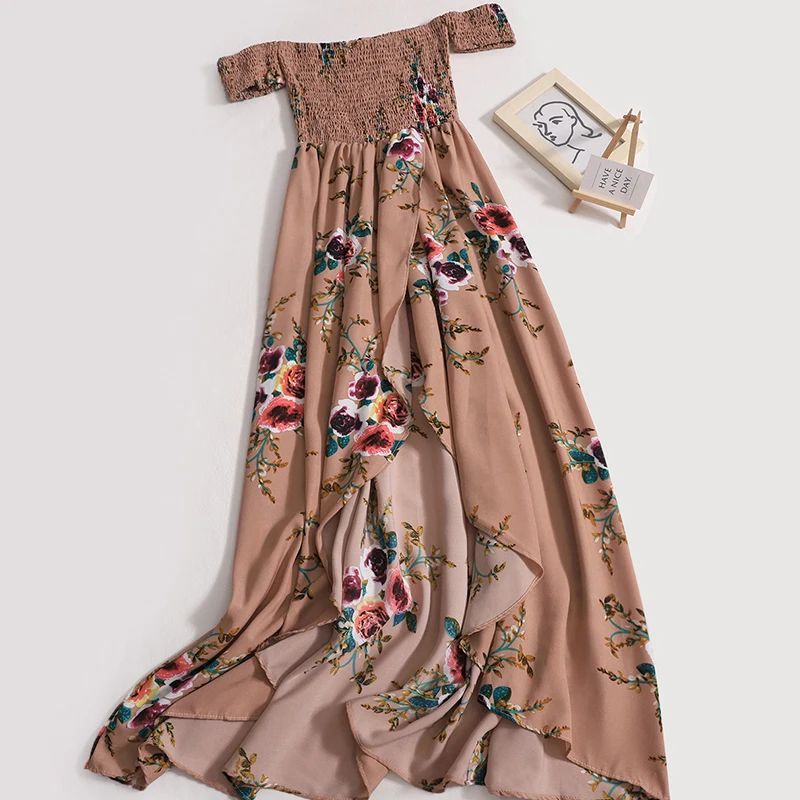 

Summer Boat Neck Floral Dress Women Printed Off the Shoulder Pleated Split Long Skirt Elegant Fashion A-line Dresses