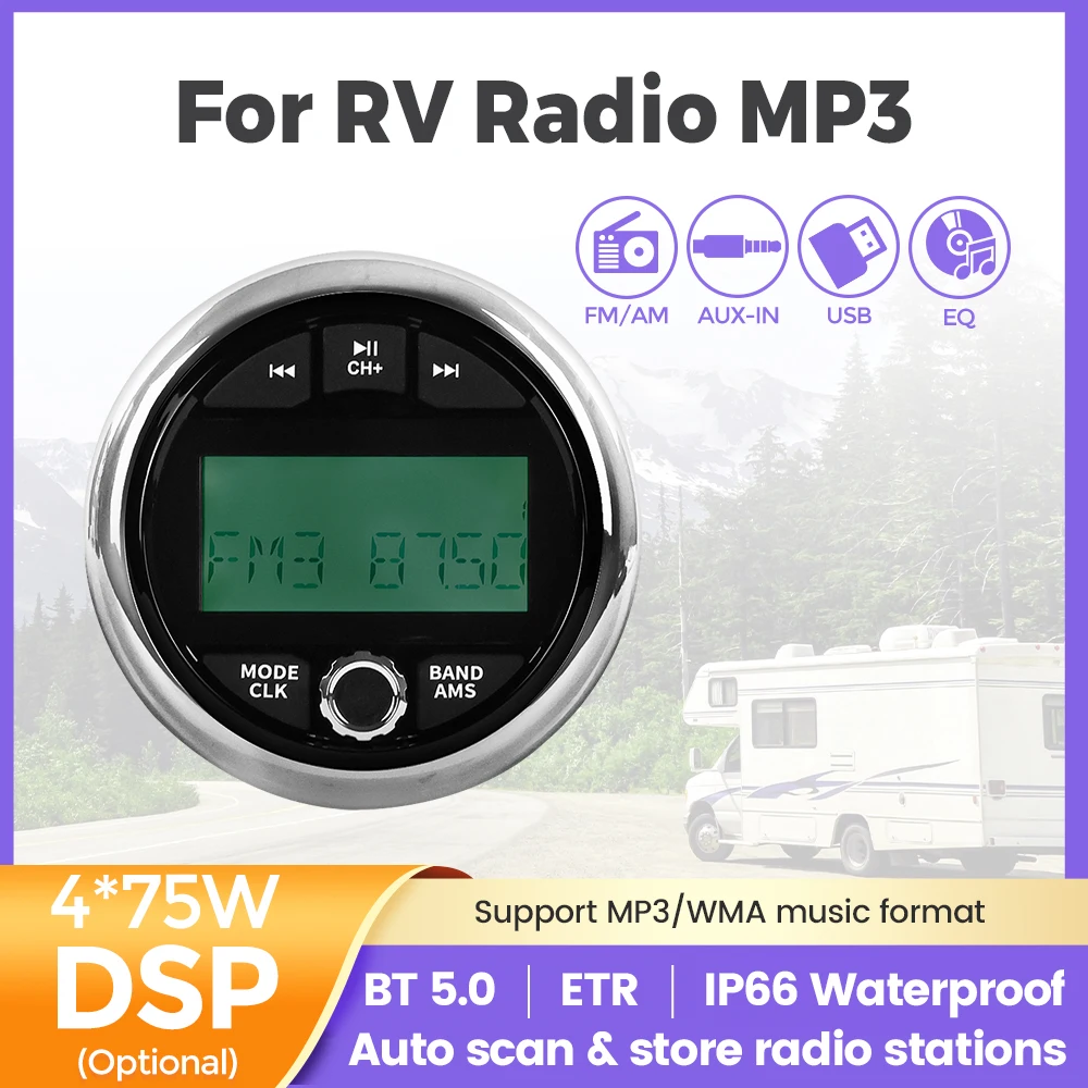 MP3 Player For RV Embedded Video Player IP66 Waterproof Auto scan store radio stations BT5.0 Support DSP FM/AM WMA Music