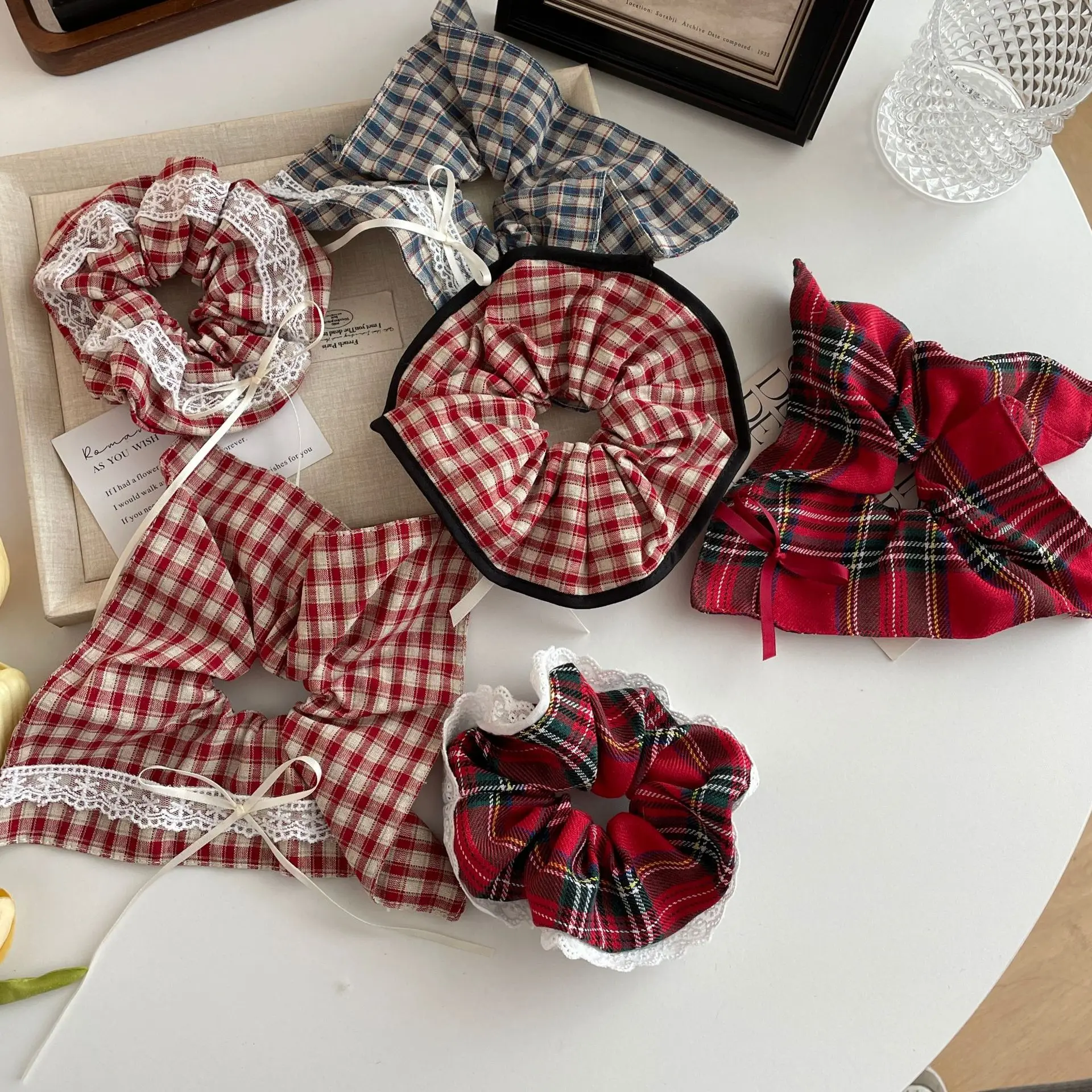 Scrunchies Koreanischer Stil Taschentuch Haarband Karierte Spitze Dickdarm Haarband Fliege Band Haarseil Haarschmuck – Detail 1