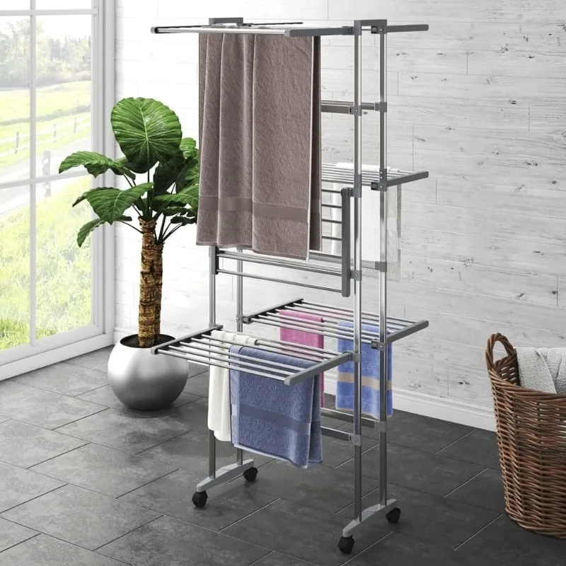 

vidaXL Foldable 3-Tier Laundry Drying Rack with Wheels in Silver - Compact Aluminium Clothes Drying Stand, Ideal
