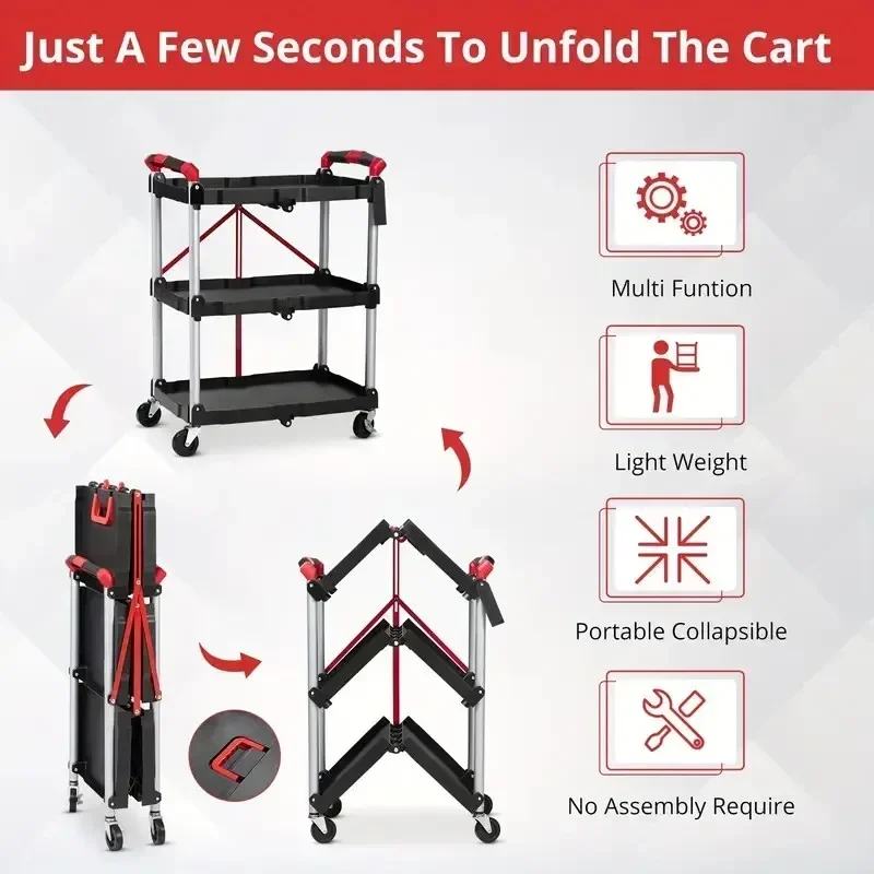 3-Tier Wheeled Portable Factory Direct Service Cart Low Duty Folding Utility Cart with Brakes for Kitchen Made Plastic Tool Use