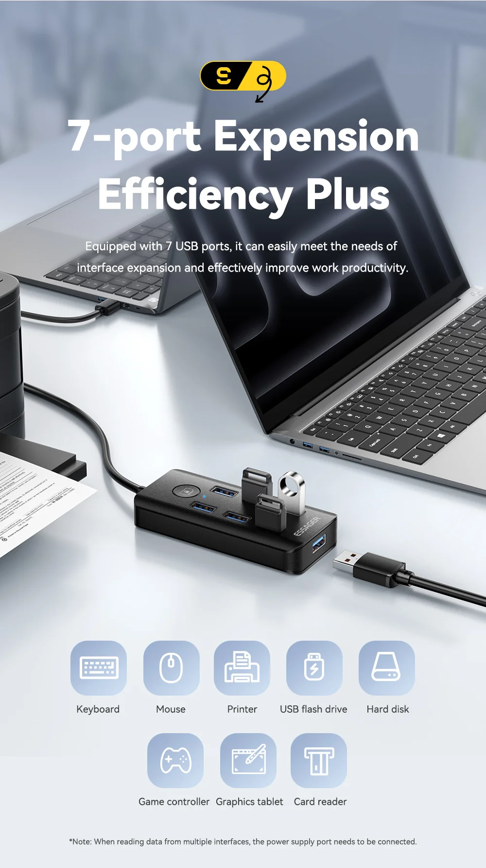 7-in-1 USB 3.0 Hub Multi USB Splitter Power Adapter 5Gbps High Speed USB Splitte
