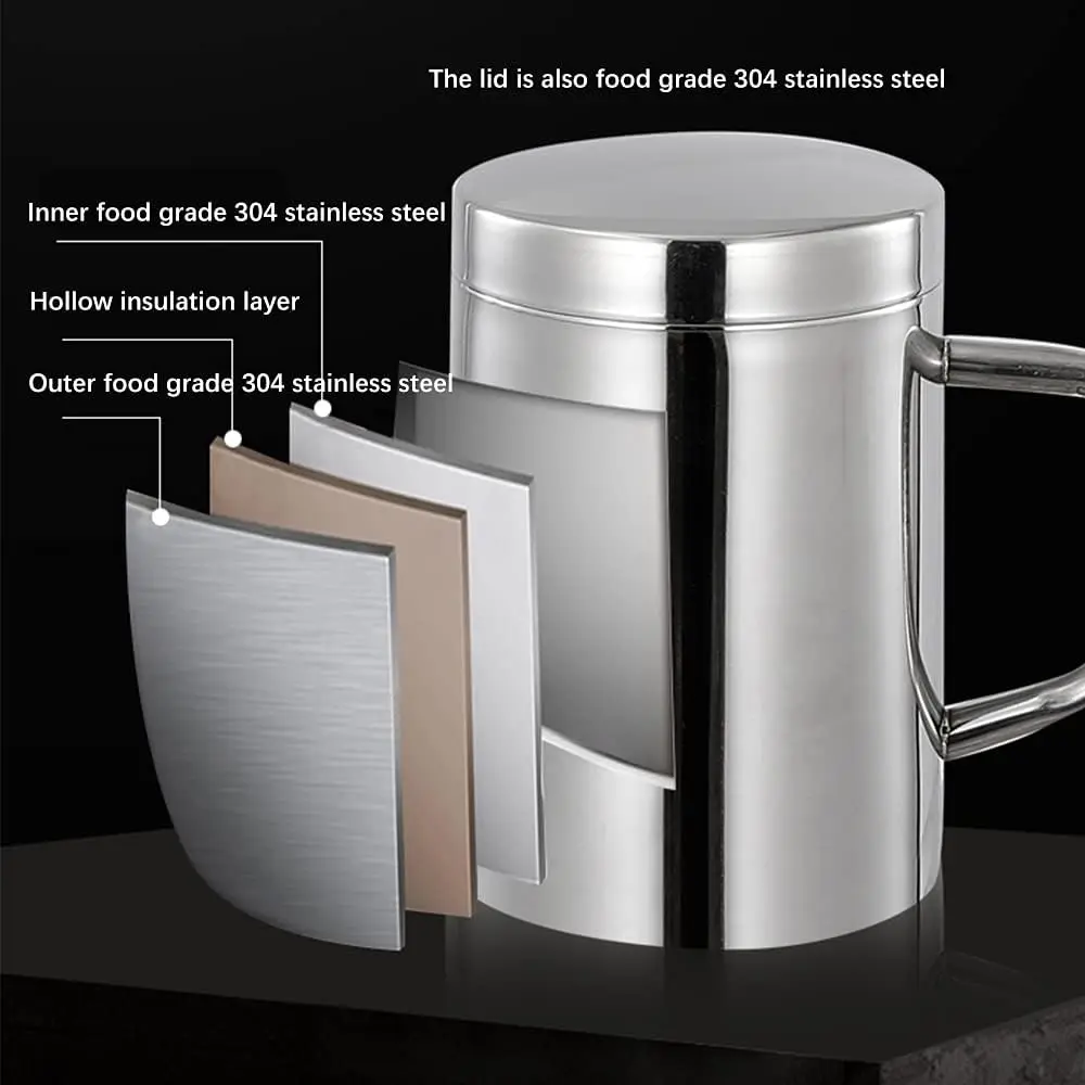 Tasse en Acier Inoxydable avec Couvercle et Poignée - 400ML Tasse Réutilisable Doublement Isolée - pour Maison Bureau et Voyage Tasses à Café Tasses de Petit-Déjeuner