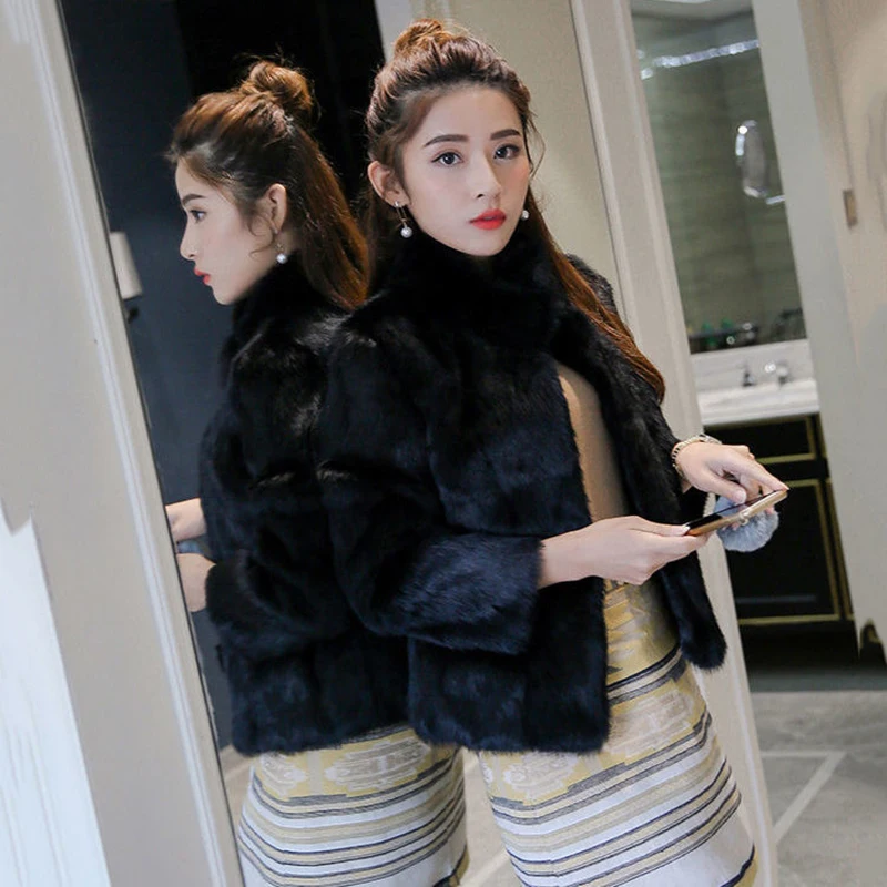 Women Cropped Fur Coat 2024 Korean Style Stand Collar Imitation Mink Fur Jacket Solid Colors Faux Rabbit Autumn Winter Outwear